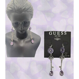 Guess Lilac Flower Silver-Tone Key Crystal Accent Linear Drop Hook Earrings